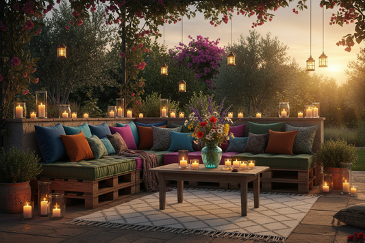 Terrasse méditerranéenne en soirée d'été, lanternes solaires allumées, coussins colorés sur salon de jardin en palette, vase artisanal en verre soufflé, tapis bohème, ambiance chaleureuse et cocooning