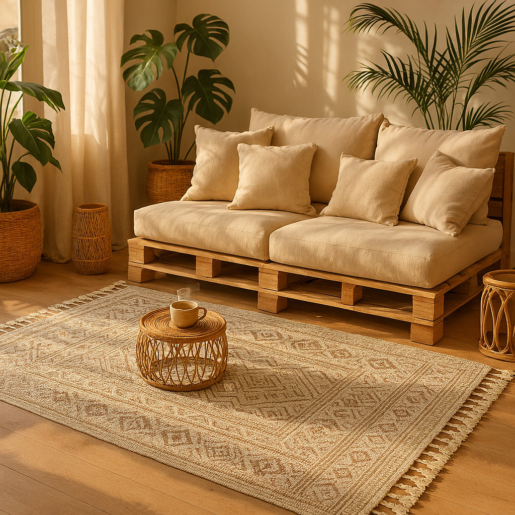 Tapis bohème avec franges et motifs ethniques installé devant un canapé en palette confortable sur une terrasse ensoleillée, style décoration bohème chic par LLX ConceptStore.