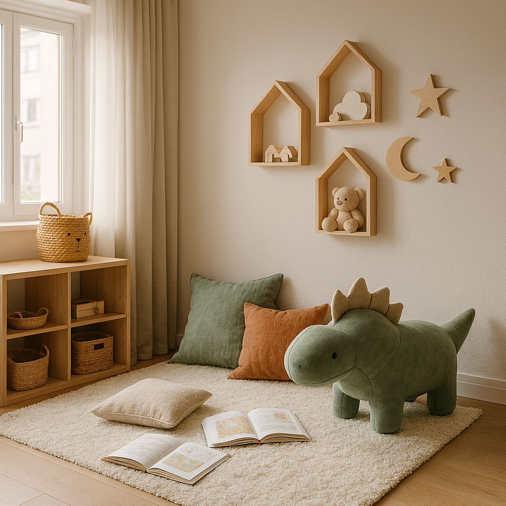 Coin lecture cocooning dans une chambre d'enfant moderne et lumineuse, aménagé avec un tapis moelleux, des coussins aux tons doux, des rangements en bois naturel et un pouf ludique en velours en forme de dinosaure.