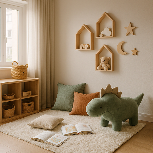 Coin lecture cocooning dans une chambre d'enfant moderne et lumineuse, aménagé avec un tapis moelleux, des coussins aux tons doux, des rangements en bois naturel et un pouf ludique en velours en forme de dinosaure.
