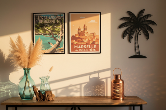 Console en bois avec vases soufflés LaPailleBambou, affiches vintage Rétropia Calanques de Marseille et La Bonne Mère encadrées, cocotier mural en métal peint et lanterne solaire DOTY cuivrée projetant des ombres dentelle — LLX ConceptStore