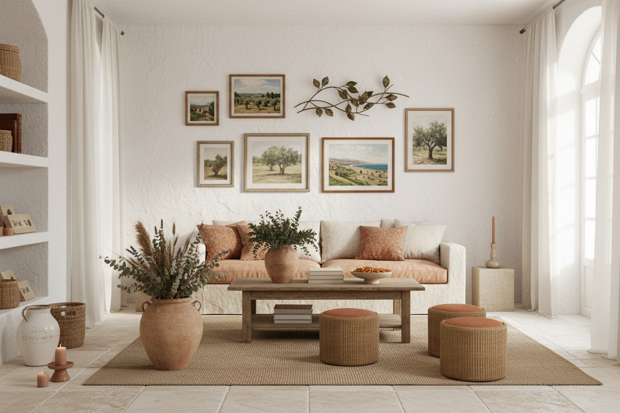`Salon provençal lumineux avec affiches méditerranéennes encadrées au mur et sculpture décorative, canapé en lin, accents terracotta et lumière naturelle chaleureuse`