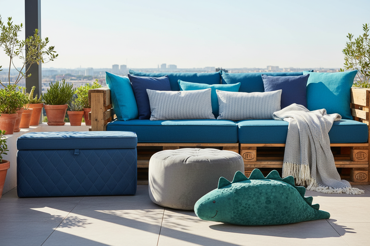 Coin salon cocooning avec poufs design en velours, assise ludique enfant et coussins colorés pour palette, ambiance chaleureuse et chic intérieur et extérieur