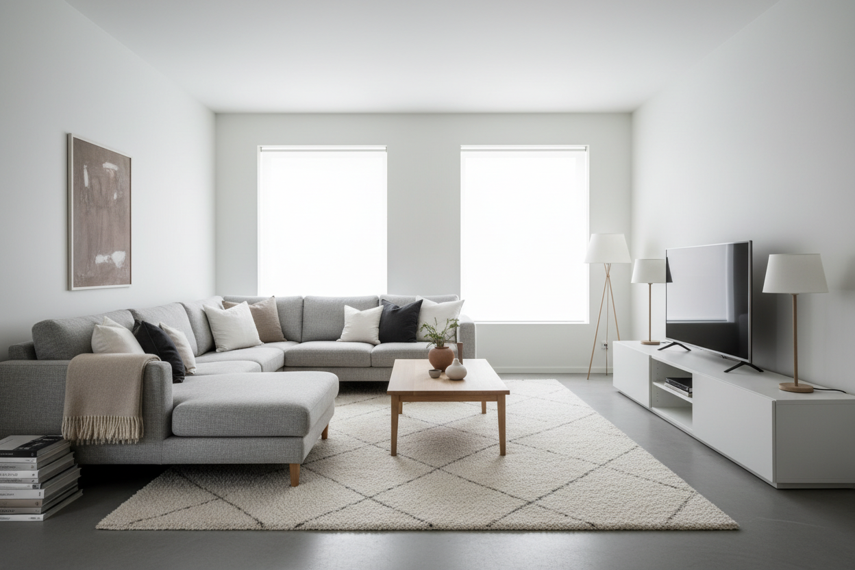 Salon scandinave épuré aux tons gris et blancs, tapis moelleux et coussins élégants disposés avec soin — sélection coups de cœur LLX ConceptStore