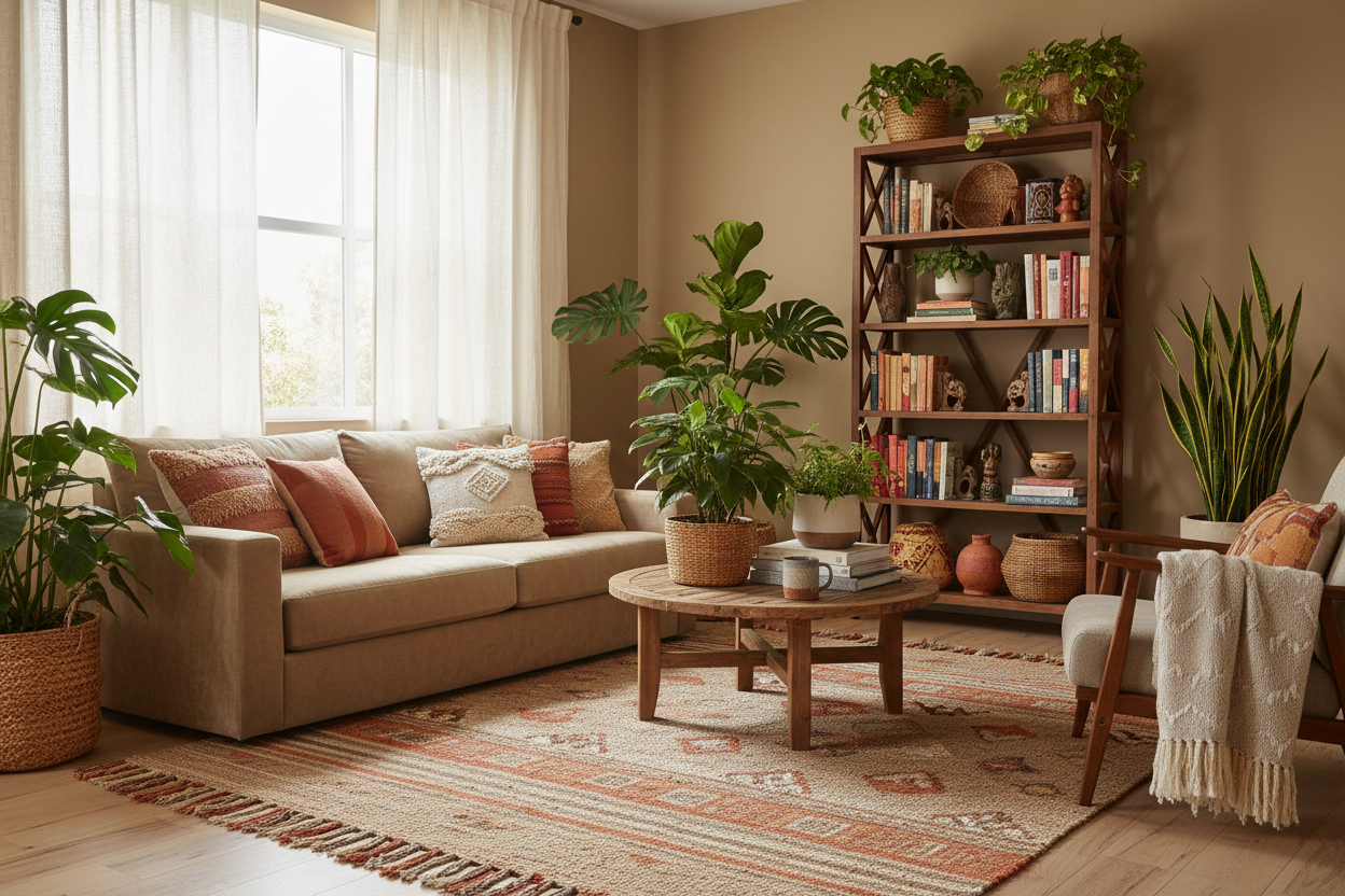 Salon bohème chic chaleureux avec tapis en fibres naturelles, coussins colorés et mobilier en bois — décoration intérieure tendance LLX ConceptStore