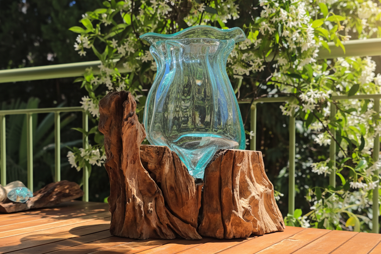 `Vase en verre soufflé aqua sur racine de teck naturelle, posé sur une terrasse en bois ensoleillée, végétation tropicale en arrière-plan, décoration artisanale naturelle et chaleureuse`