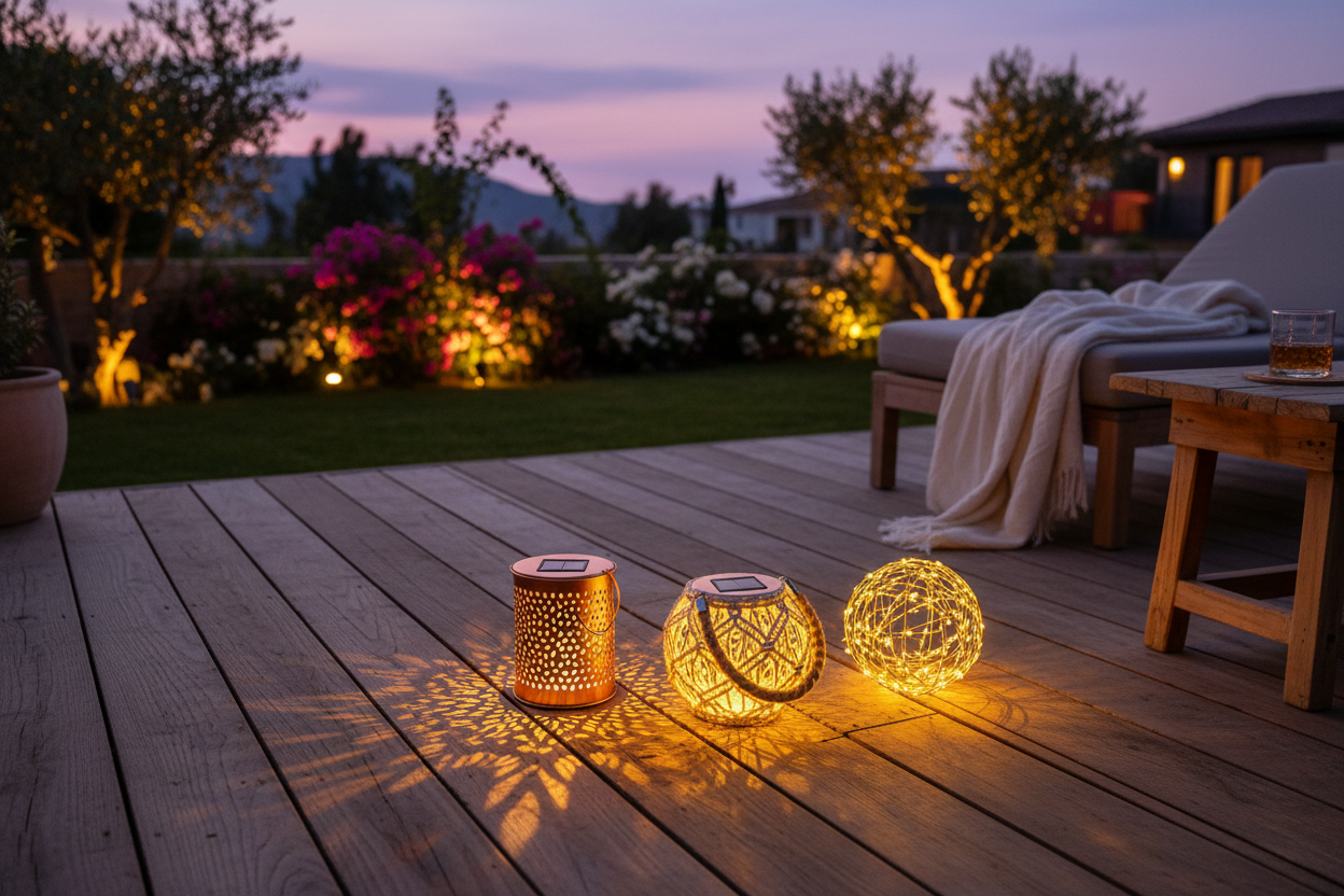 Trois petites lanternes solaires posées sur une terrasse en bois au coucher du soleil, lumière LED blanc chaud, jeux d'ombres chaleureux, ambiance cocooning jardin méditerranéen