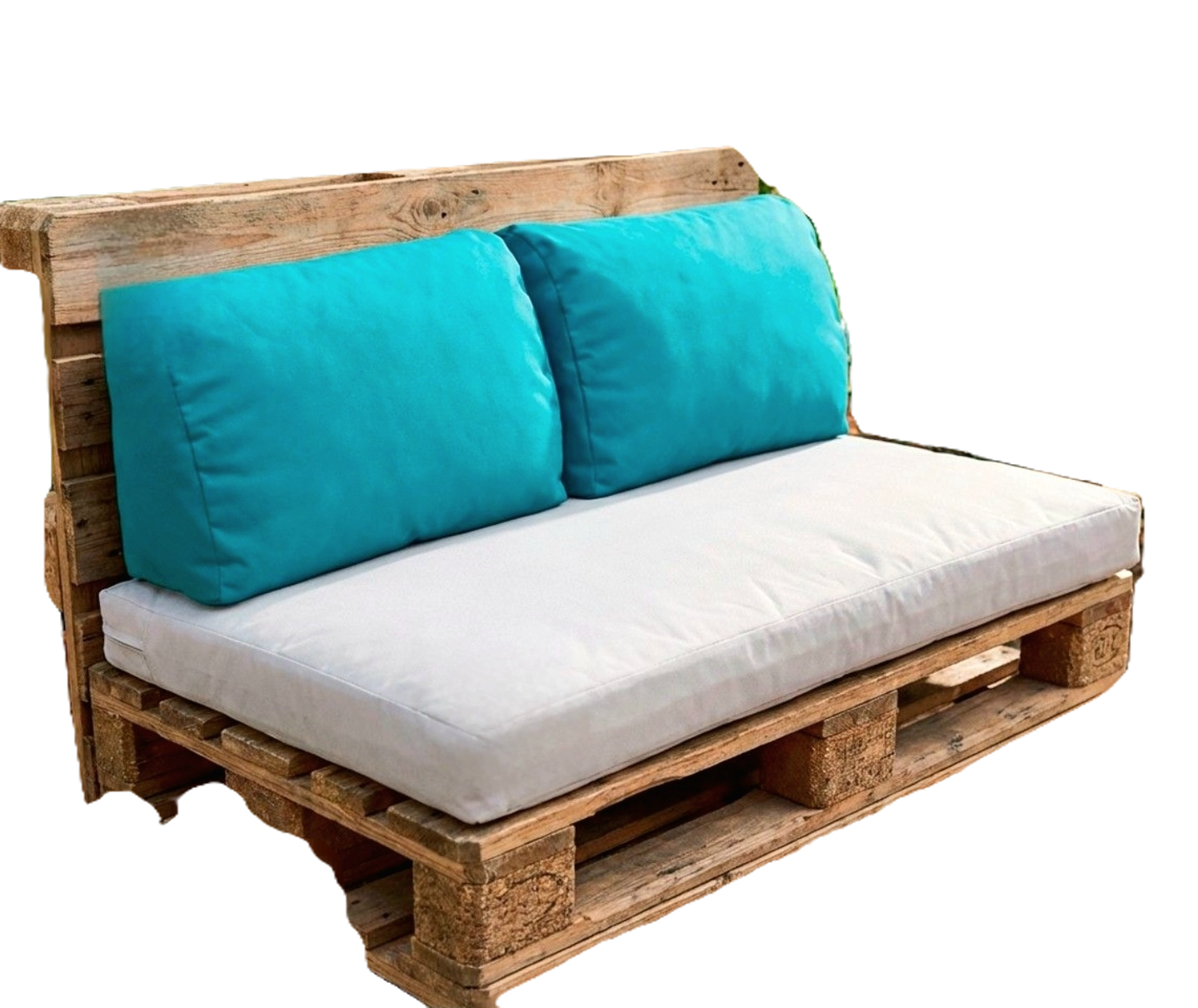 Coussins épais pour aménagement de canapé palette en bois, coloris estival gris clair et turquoise.