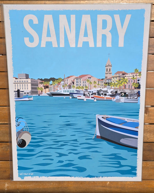 Affiche vintage 30x40 cm du port de Sanary-sur-Mer, illustration rétro méditerranéenne, papier mat 250g made in France
