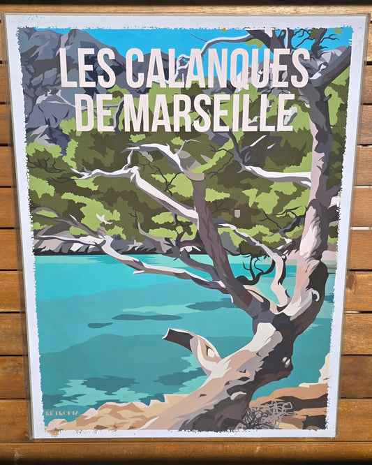 Affiche vintage 30x40 cm des Calanques de Marseille, paysage méditerranéen rétro, papier mat 250g made in France