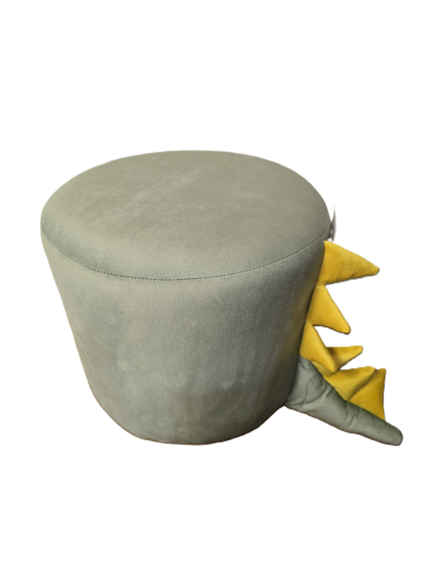 Tabouret pouf pour enfant en forme de dinosaure, assise ronde ludique en velours doux coloris vert d'eau avec queue intégrée.