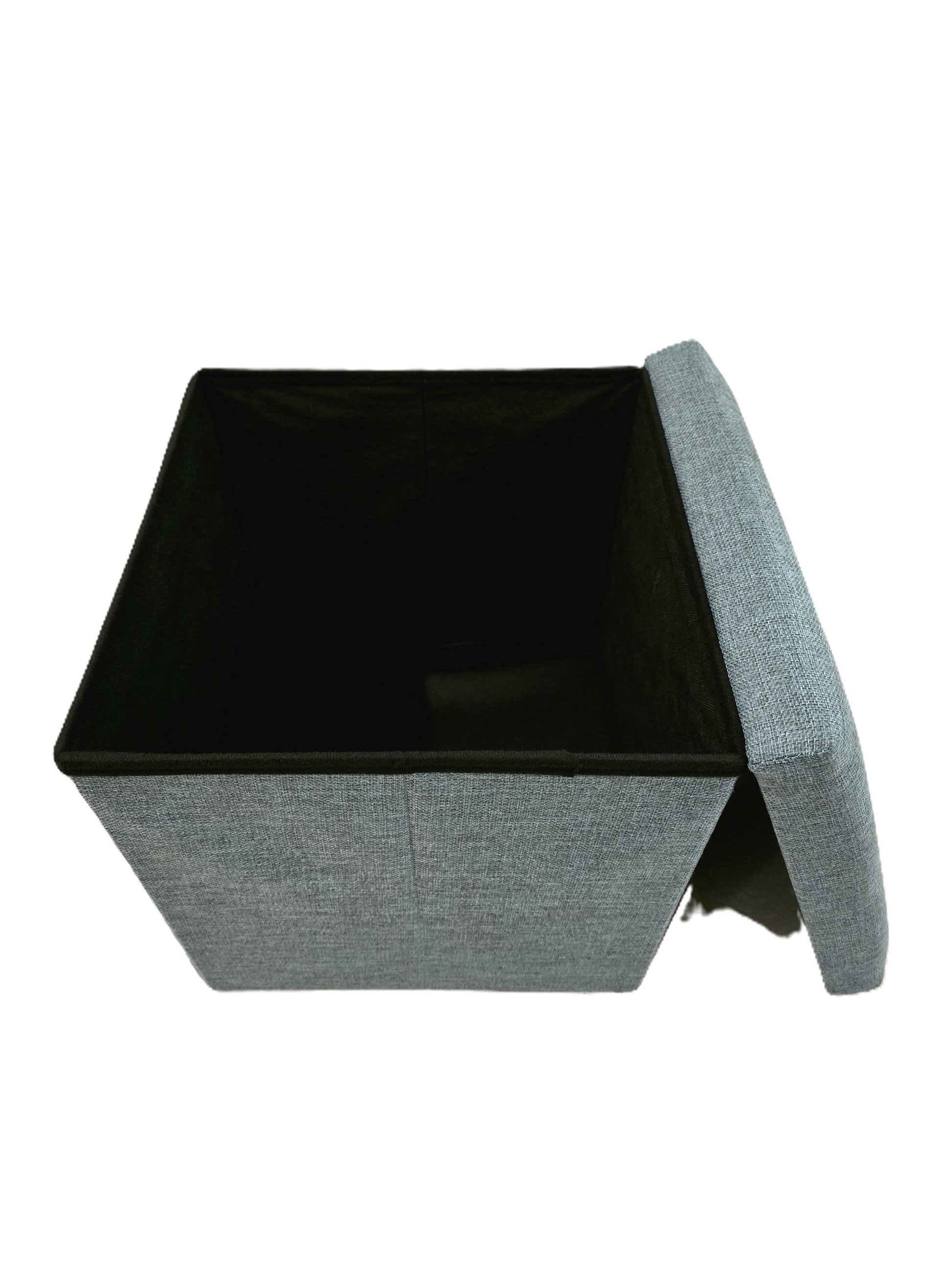 Pouf coffre de rangement ouvert montrant l'espace intérieur vide, structure solide et couvercle amovible en tissu pétrole chiné.