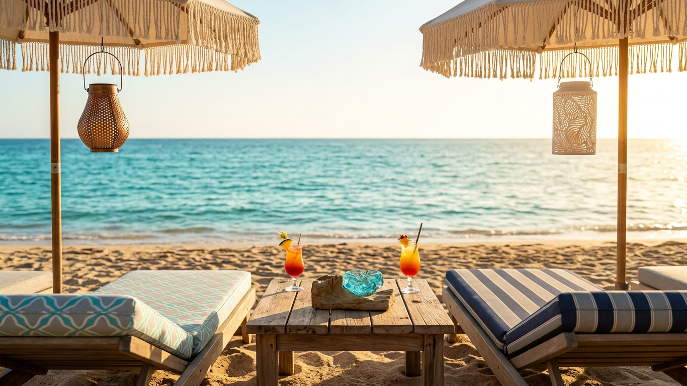 Terrasse méditerranéenne d'été au bord de mer avec lanternes solaires bohème et cendrier artisanal en verre soufflé — déco bohème & naturelle LLX ConceptStore, Sanary-sur-Mer
