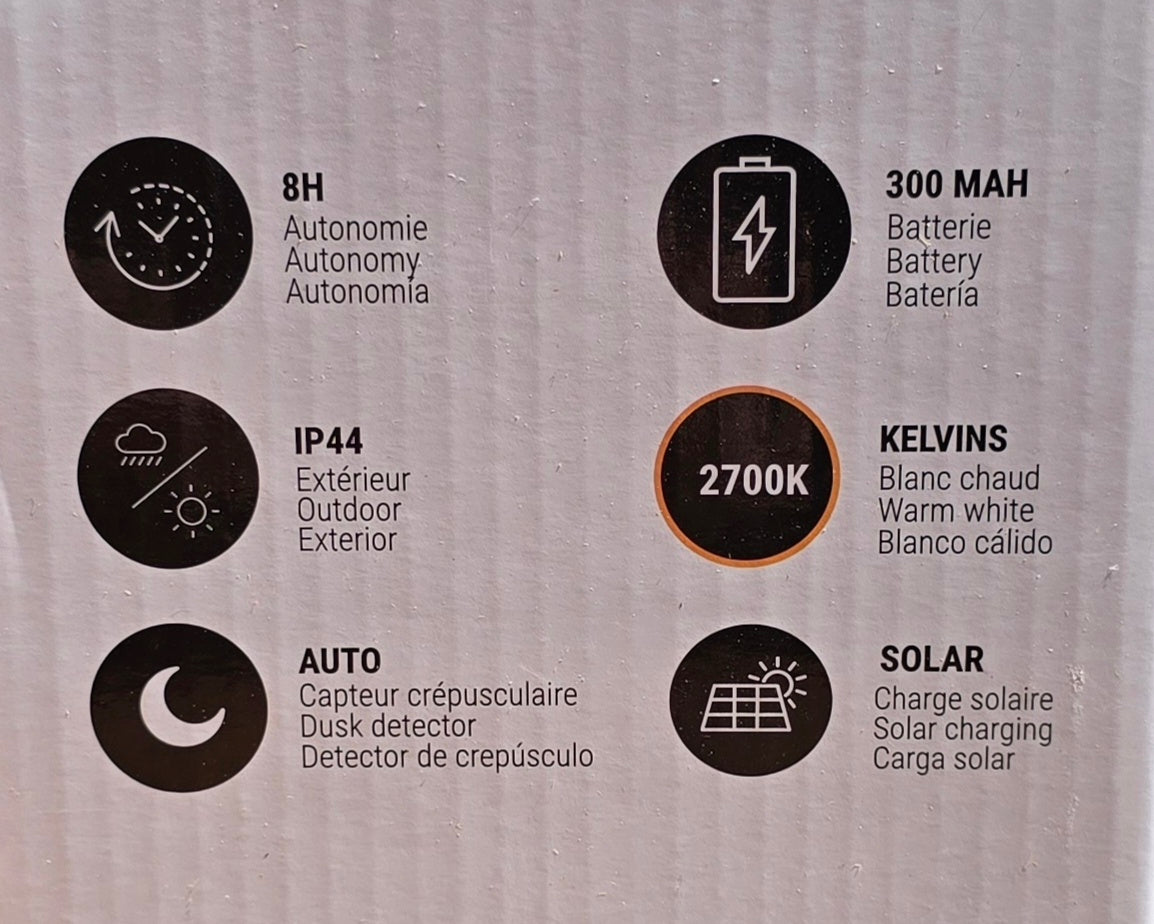 Boîte packaging Lumisky Mini Rainbow avec pictogrammes IP44, solaire, batterie 300mAh, 2700K blanc chaud et capteur crépusculaire