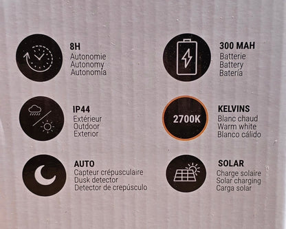 Boîte packaging Lumisky Mini Rainbow avec pictogrammes IP44, solaire, batterie 300mAh, 2700K blanc chaud et capteur crépusculaire