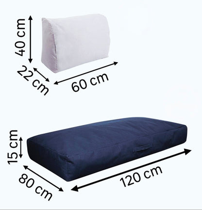 Dimensions des coussins pour palette : assise 120x80cm bleu marine et dossiers 60x40cm gris clair.