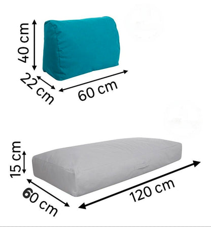 Dimensions des coussins pour palette : assise 120x60cm gris clair et dossiers 60x40cm turquoise.