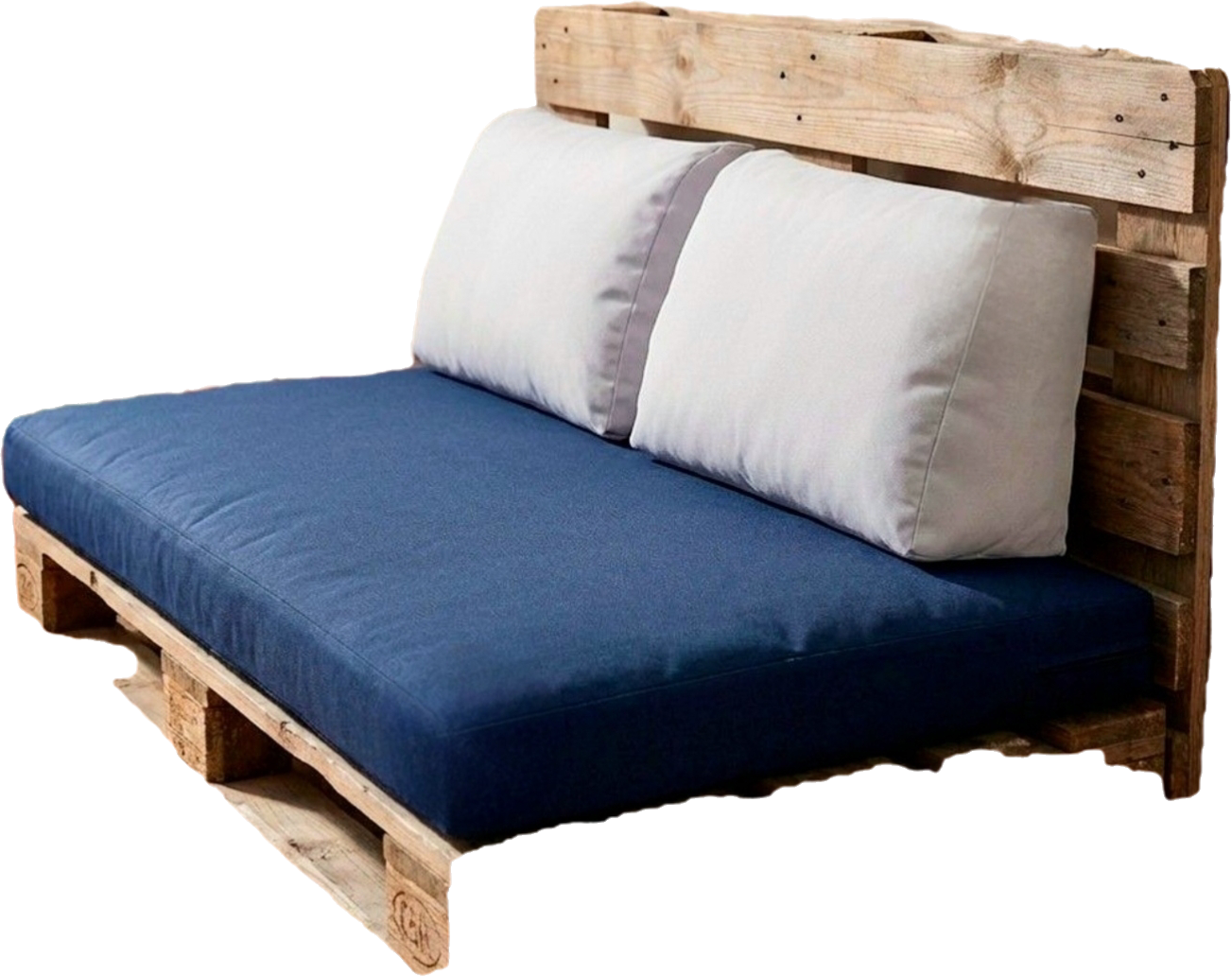 Coussins épais et moelleux pour aménagement de palette en bois, coloris bleu marine et gris clair.